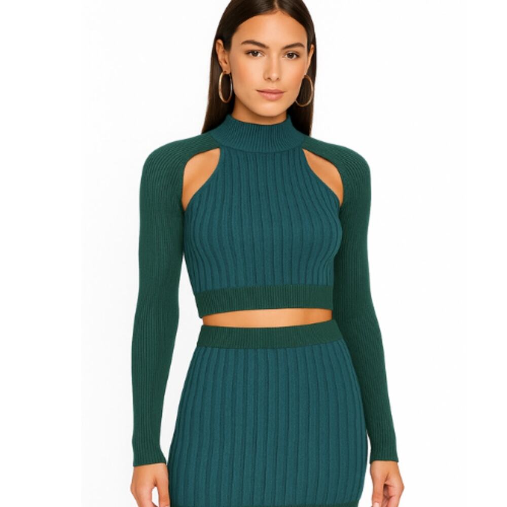 Michael Costello Nadra Raglan Cut-Out Sweater in Deep Teal Colorblock Size S